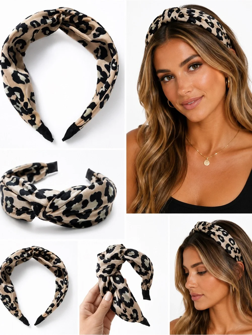 Leopard Print Satin Knot Headband Beige Black Animal Print Hair Accessory